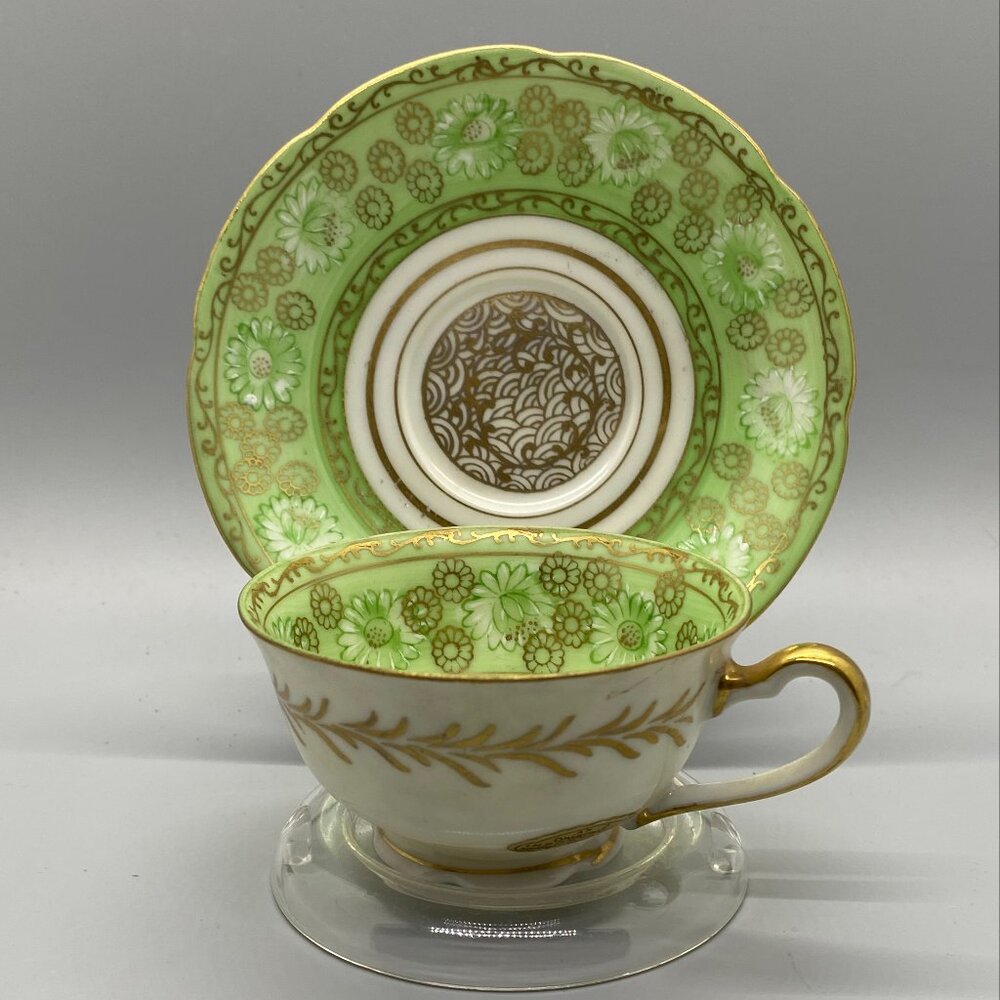 MK Murray Kreiss Hand Painted Green Gold Floral Demitasse Cup Saucer Set w/Stand